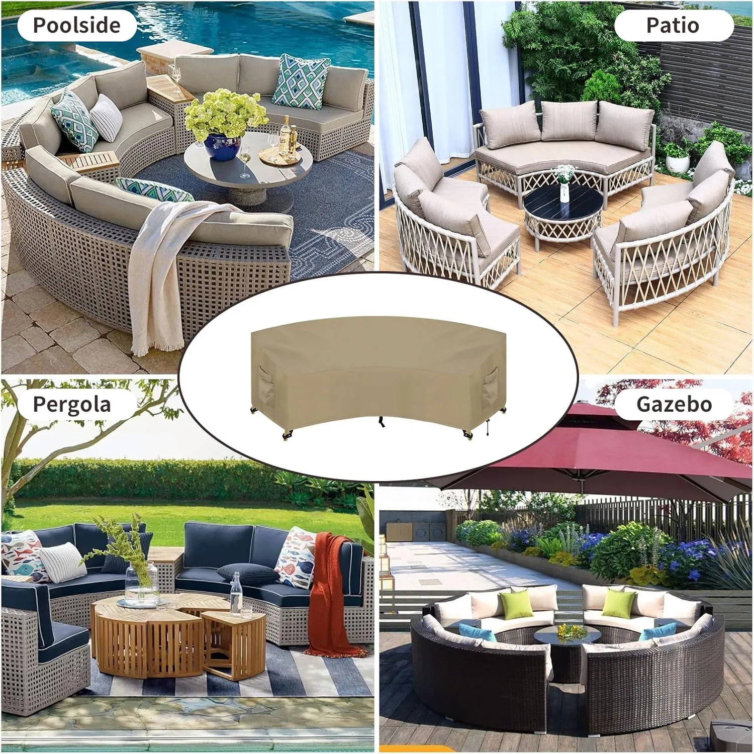 PureFit Outdoor Sectional Sofa Cover Waterproof Curved Patio Furniture Covers for Deck, Lawn and Backyard, 90Lx34Dx32Hx46FL, Camel