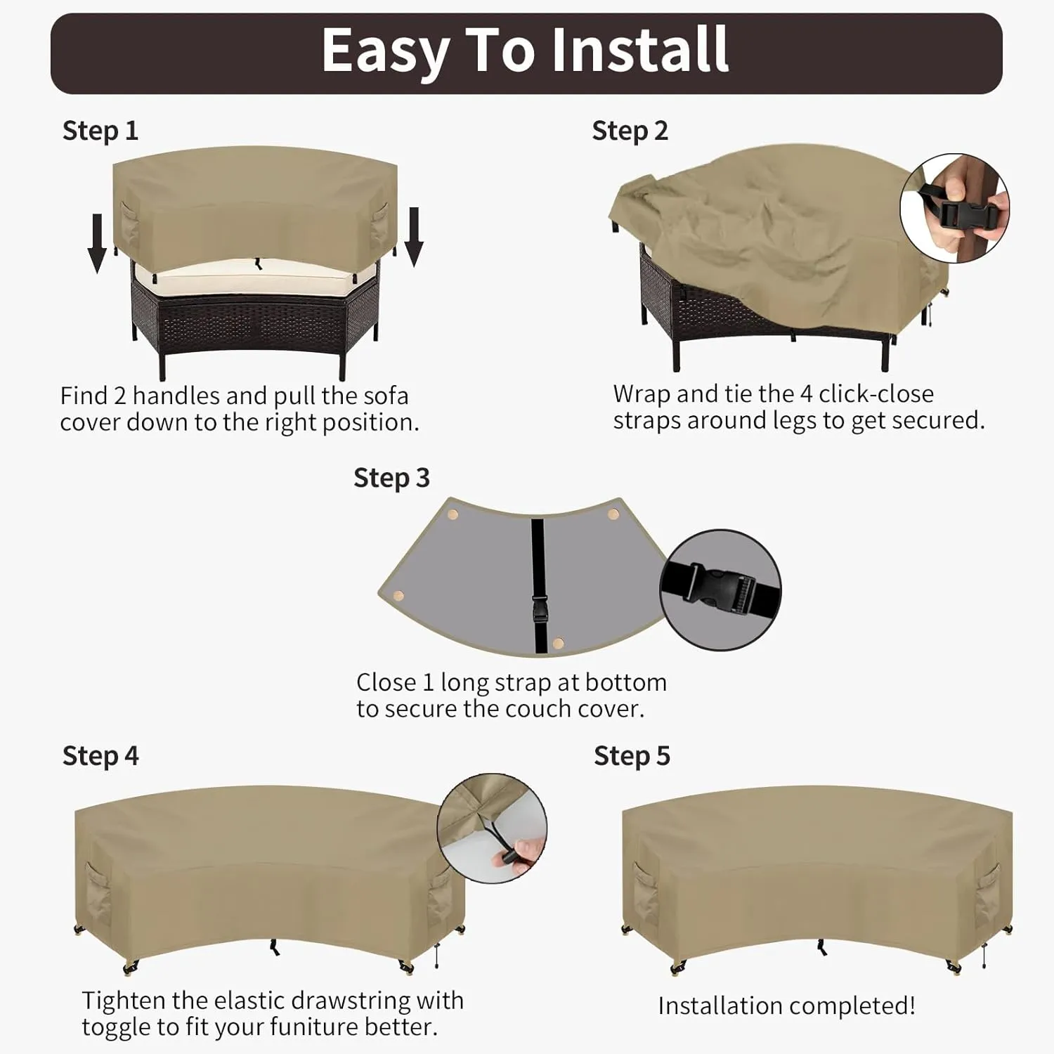 PureFit Outdoor Sectional Sofa Cover Waterproof Curved Patio Furniture Covers for Deck, Lawn and Backyard, 90Lx34Dx32Hx46FL, Camel