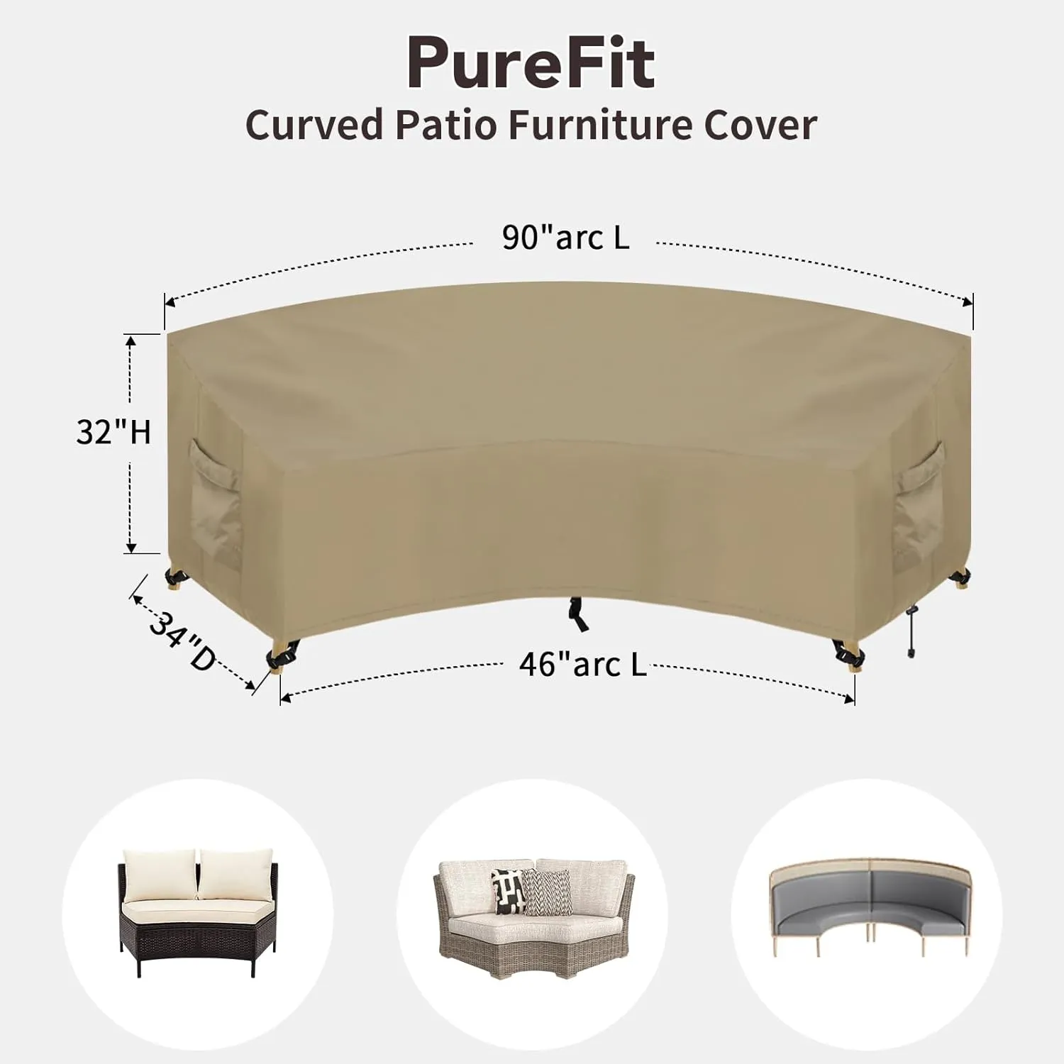 PureFit Outdoor Sectional Sofa Cover Waterproof Curved Patio Furniture Covers for Deck, Lawn and Backyard, 90Lx34Dx32Hx46FL, Camel