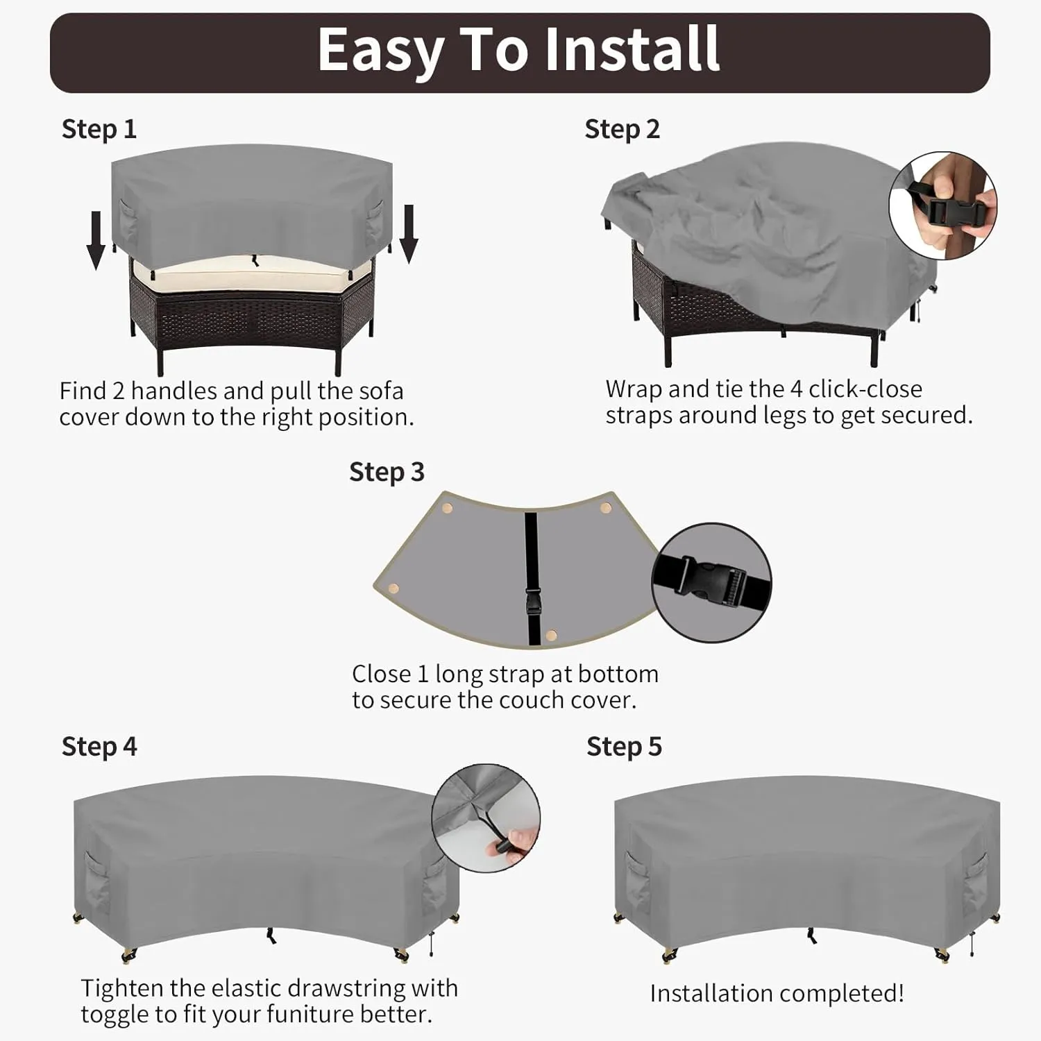 PureFit Outdoor Sectional Sofa Cover Waterproof Curved Patio Furniture Covers for Deck, Lawn and Backyard, 90Lx34Dx32Hx46FL, Grey