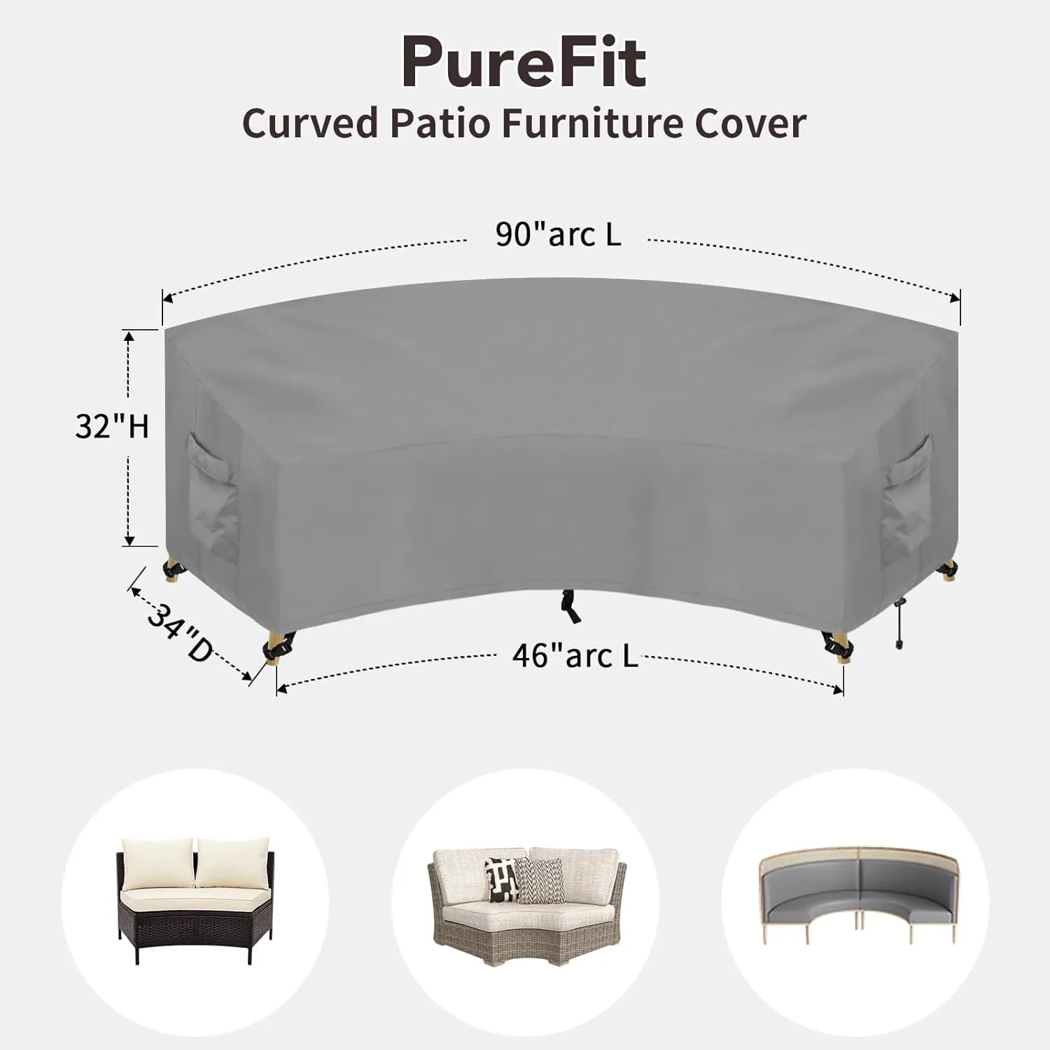 PureFit Outdoor Sectional Sofa Cover Waterproof Curved Patio Furniture Covers for Deck, Lawn and Backyard, 90Lx34Dx32Hx46FL, Grey