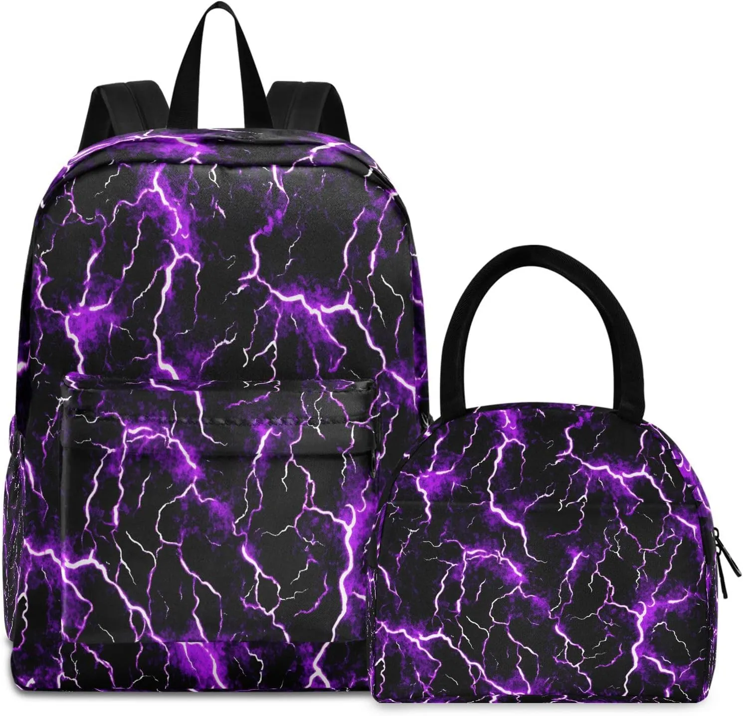 Purple Lightning Backpack Set with Lunch Bag for Girls Boys Elementary Primary School Kids Lightweight Daypack Set