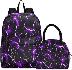 Purple Lightning Backpack Set with Lunch Bag for Girls Boys Elementary Primary School Kids Lightweight Daypack Set