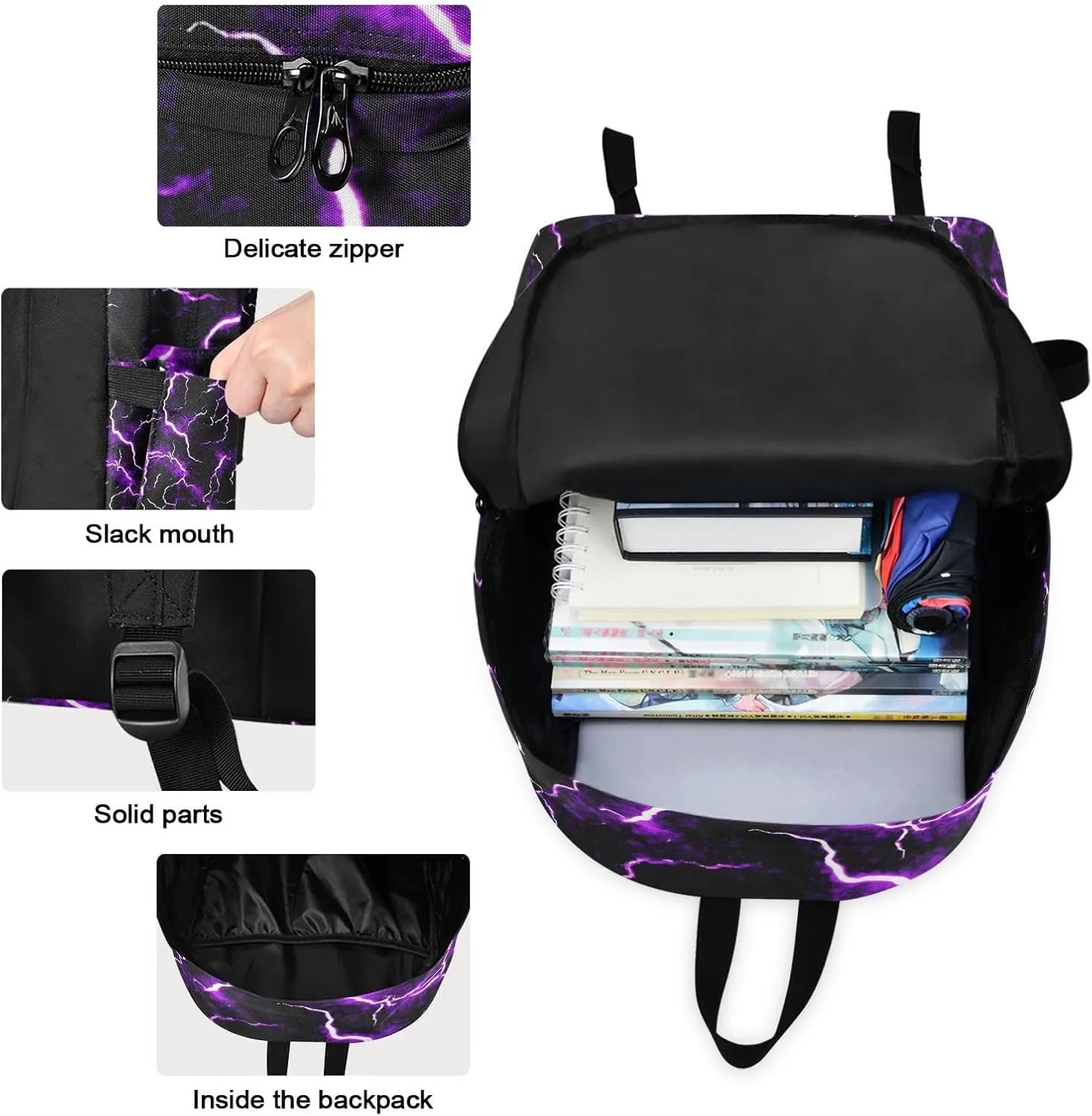 Purple Lightning Backpack Set with Lunch Bag for Girls Boys Elementary Primary School Kids Lightweight Daypack Set