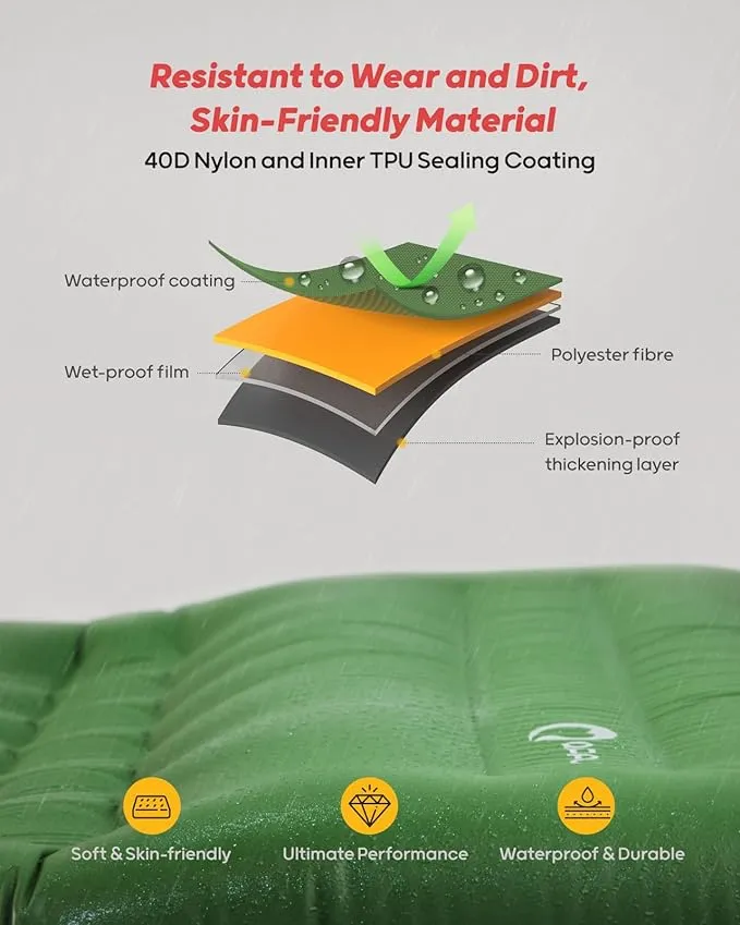 QPAU Sleeping Pad for Camping, Camping Mattress, 76''X26'', 4.7'' Extra-Thick Enhanced Support, with Built-in Foot Pump, for Camping, Hiking - Airpad, Backpacking and Home, (Green)