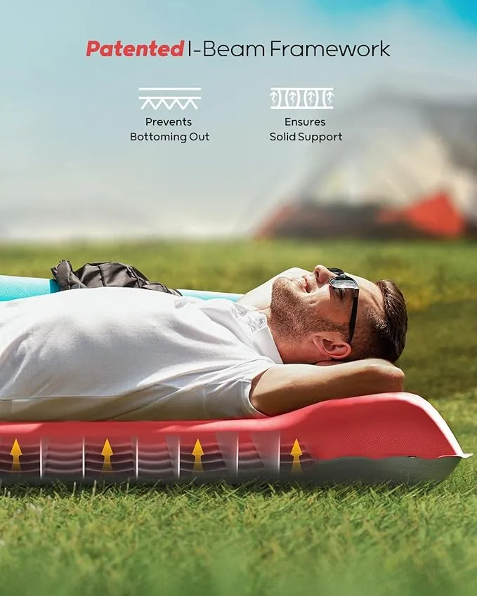 QPAU Sleeping Pad for Camping, Camping Mattress, 76''X26'', 4.7'' Extra-Thick Enhanced Support, with Built-in Foot Pump, for Camping, Hiking - Airpad, Backpacking and Home (Red Dark Grey)