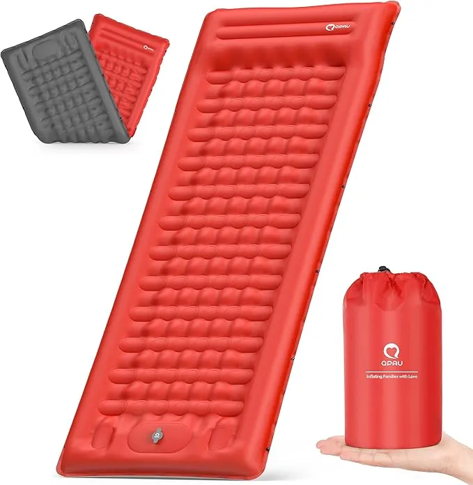 QPAU Sleeping Pad for Camping, Camping Mattress, 76''X26'', 4.7'' Extra-Thick Enhanced Support, with Built-in Foot Pump, for Camping, Hiking - Airpad, Backpacking and Home (Red Dark Grey)