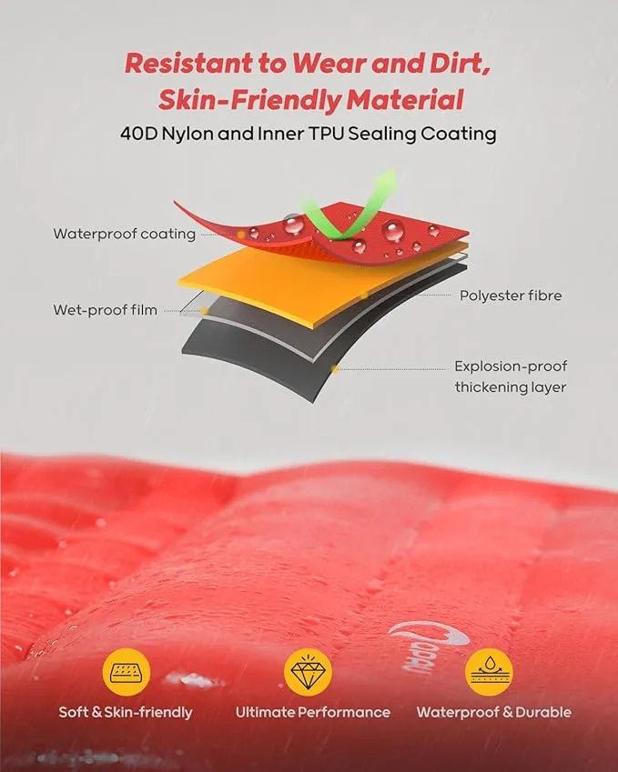 QPAU Sleeping Pad for Camping, Camping Mattress, 76''X26'', 4.7'' Extra-Thick Enhanced Support, with Built-in Foot Pump, for Camping, Hiking - Airpad, Backpacking and Home (Red Dark Grey)