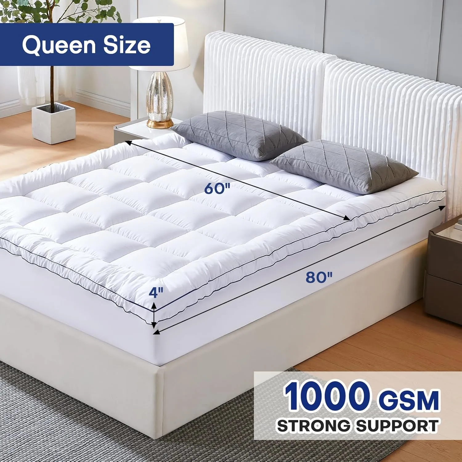 Queen Dual Layer 4 Inch Memory Foam Mattress Topper, Relax Body, Relieve Pain and Aid Sleep. 2 Inch Fluffy Pillow Top Queen Mattress Topper and 2 Inch Cooling Gel Memory Foam, 2X Support