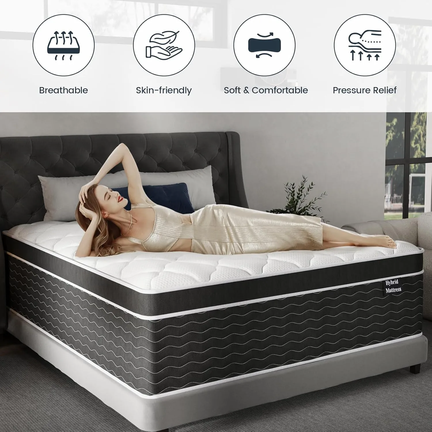 Queen Mattress, 10 inch Bed Mattresses in a Box, Medium Plush Hybrid Mattress Queen Size with Gel Memory Foam and Pocket Springs, Pressure Relief, Cooling and Breathable