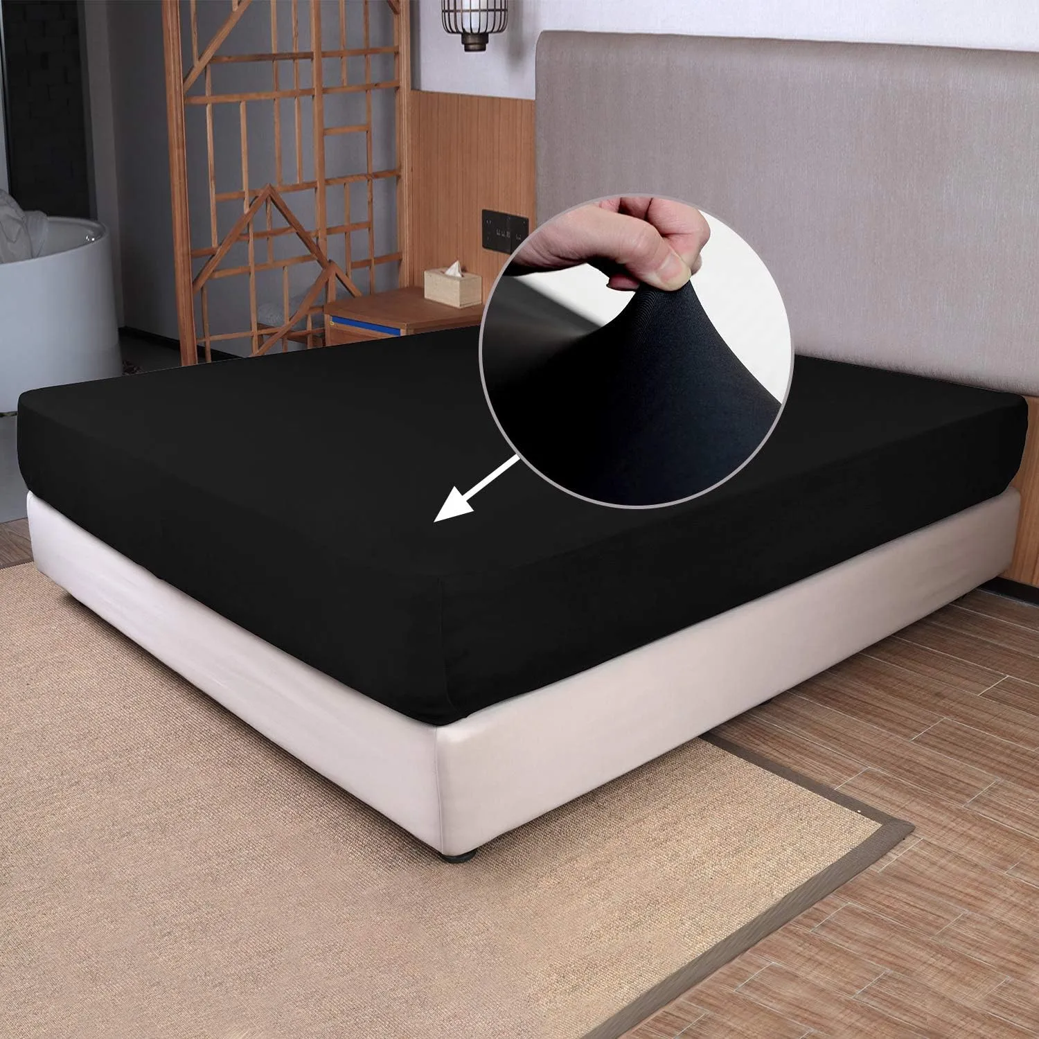 Queen Size Fitted Sheet Only - 4-Way Stretch Jersey Knit, Cozy T-Shirt Soft, Wrinkle Free, Snug Fit & Stay in Place, No More Slipping Off for Mattress (Deep: 5"-16") - Black, Queen