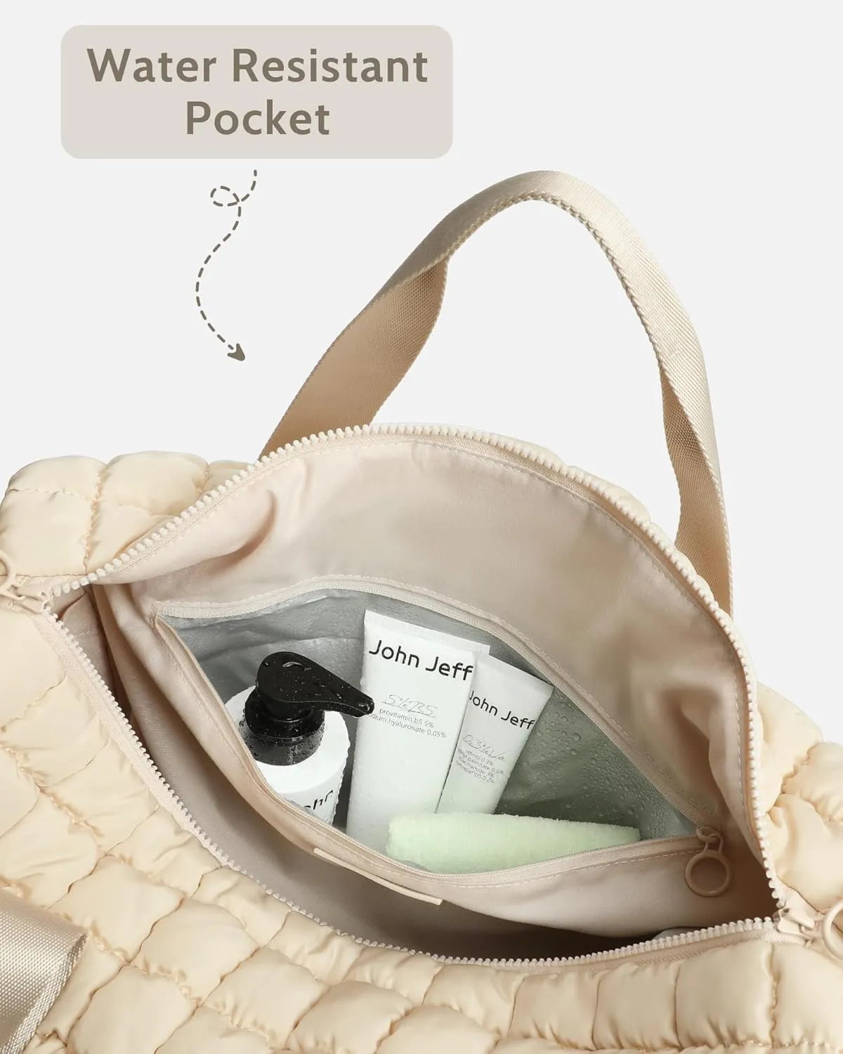 Quilted Duffel Bag for Women, Puffer Gym Duffle Bag with Shoe Compartment Lightweight Large Crossbody Sport Bag Travel Tote Beige
