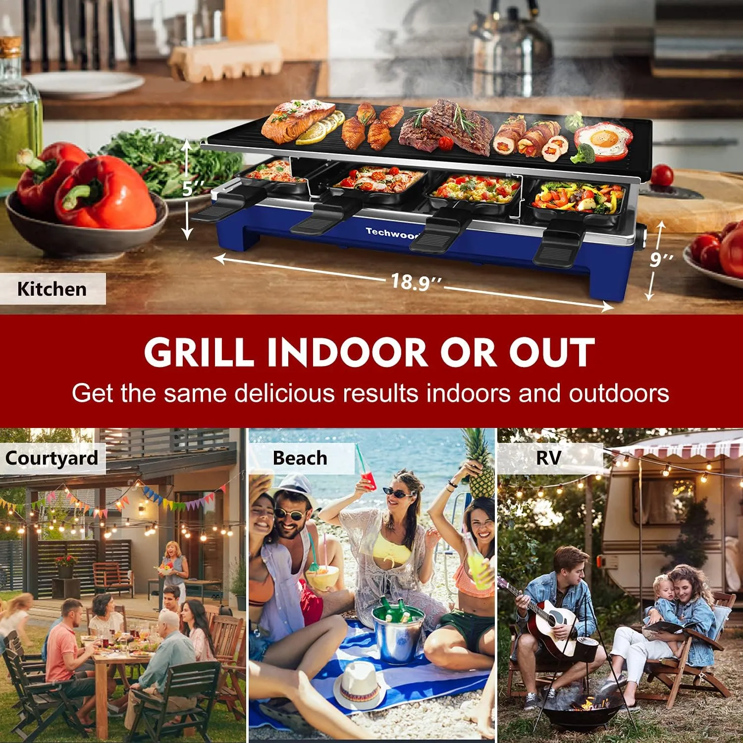 Raclette Grill, Techwood Electric Table Indoor Grill Korean BBQ Grill, Removable 2-in-1 Non-Stick Grill Plate, 1500W Fast Heating with 8 Cheese Melt Pans, Ideal for Parties and Family Fun (Blue)