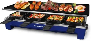 Raclette Grill, Techwood Electric Table Indoor Grill Korean BBQ Grill, Removable 2-in-1 Non-Stick Grill Plate, 1500W Fast Heating with 8 Cheese Melt Pans, Ideal for Parties and Family Fun (Blue)