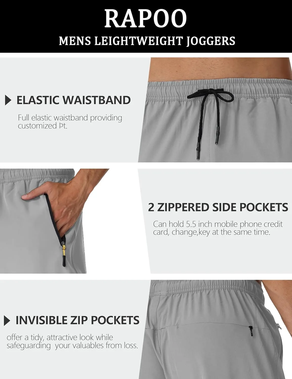 Rapoo Mens Lightweight Hiking Pants Quick Dry Stretch Joggers for Running Workout Casual