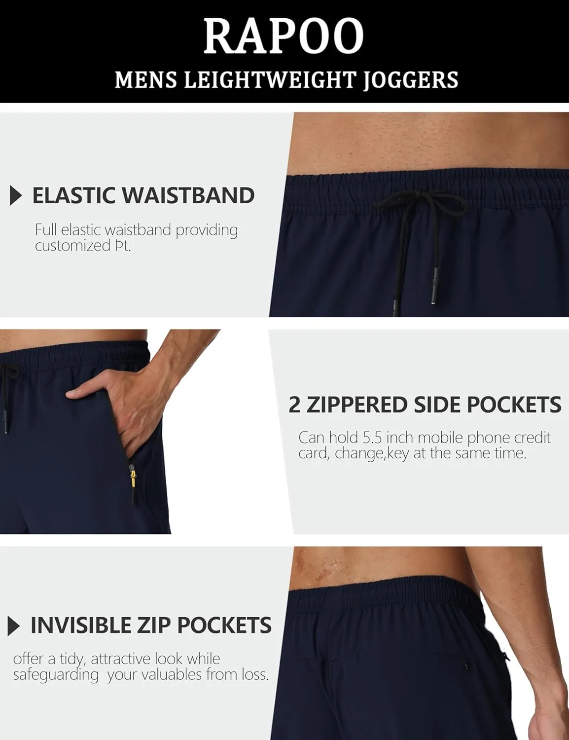 Rapoo Mens Lightweight Hiking Pants Quick Dry Stretch Joggers for Running Workout Casual