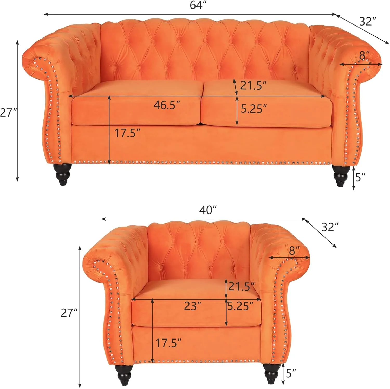 RARZOE 2 Pieces of Living Room Furniture Sofa Sets, Modern Contemporary Tufted Button Velvet Accent Club Chair&Chesterfield Loveseat Sofas Set with Nailhead Trim Scroll Arms(Orange)