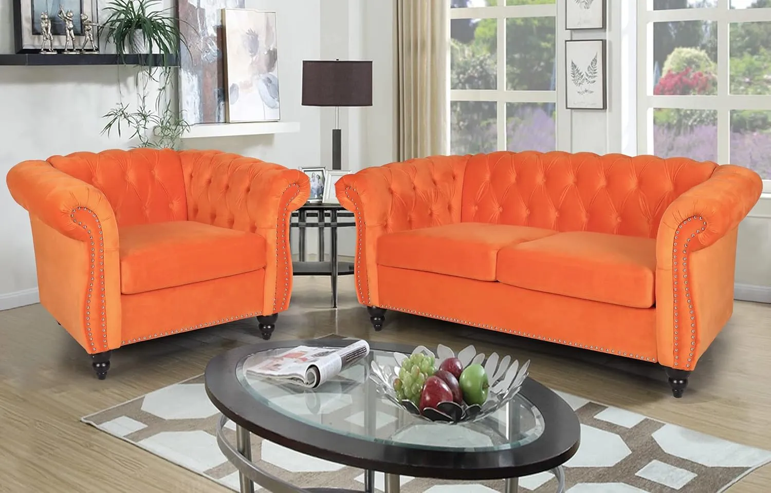 RARZOE 2 Pieces of Living Room Furniture Sofa Sets, Modern Contemporary Tufted Button Velvet Accent Club Chair&Chesterfield Loveseat Sofas Set with Nailhead Trim Scroll Arms(Orange)