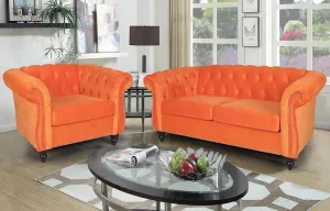 RARZOE 2 Pieces of Living Room Furniture Sofa Sets, Modern Contemporary Tufted Button Velvet Accent Club Chair&Chesterfield Loveseat Sofas Set with Nailhead Trim Scroll Arms(Orange)