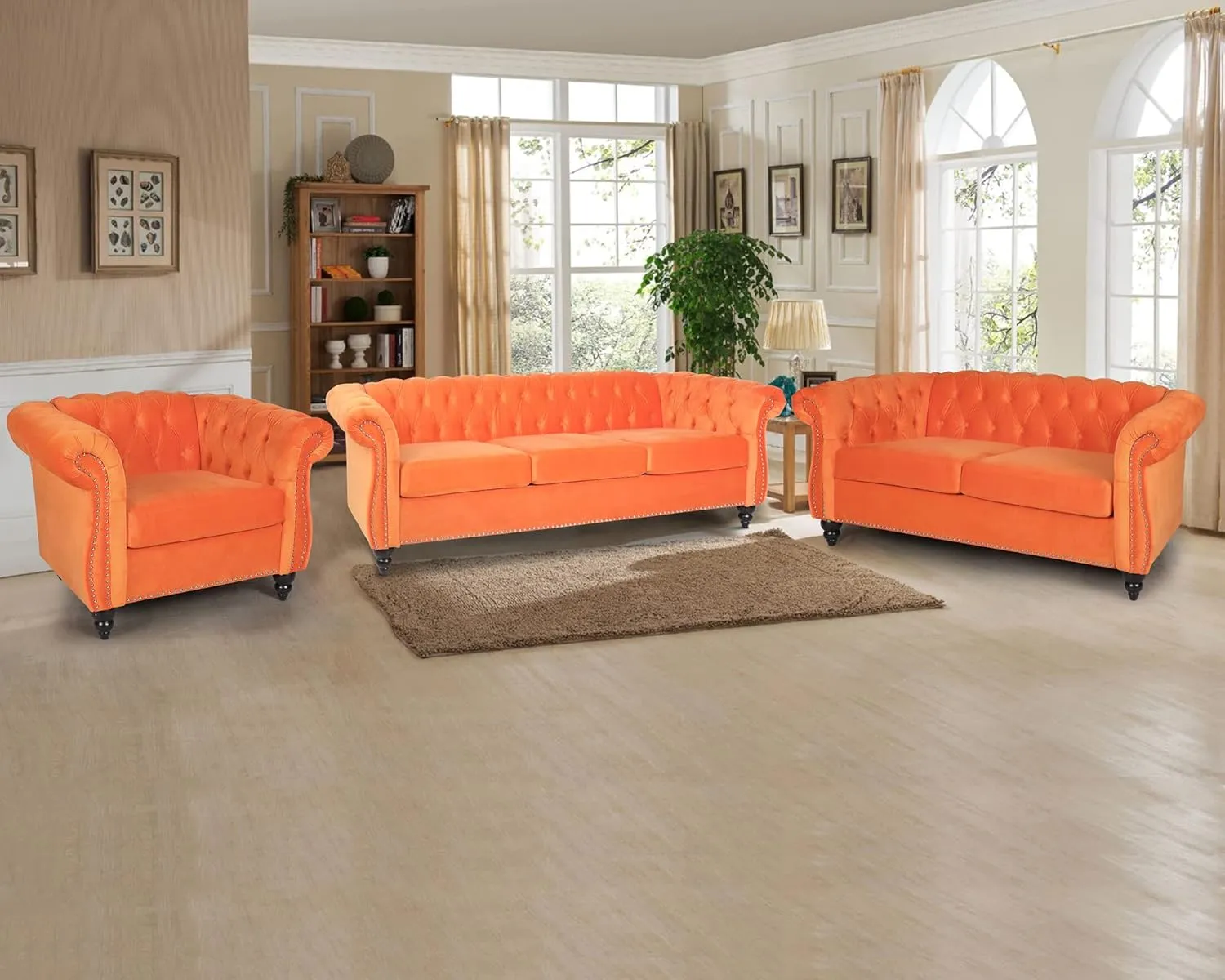 RARZOE 2 Pieces of Living Room Furniture Sofa Sets, Modern Contemporary Tufted Button Velvet Accent Club Chair&Chesterfield Loveseat Sofas Set with Nailhead Trim Scroll Arms(Orange)