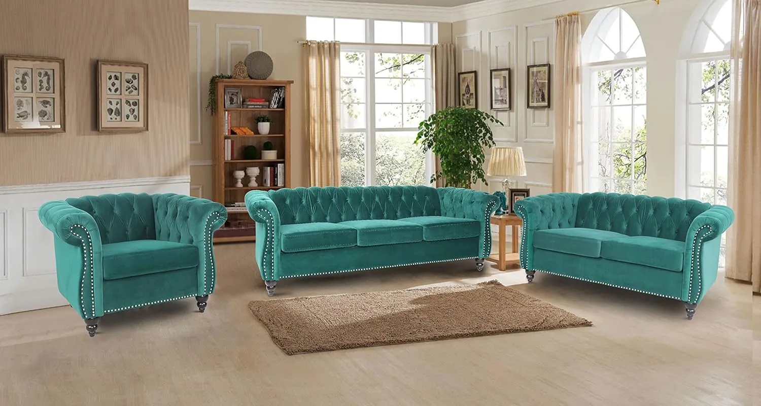 RARZOE 3 Pieces of Living Room Furniture Sofa Sets, Modern Velvet Chesterfield Sofa&Chesterfield Club Chair&Chesterfield Loveseat Sofas Set with Nailhead Trim Scroll Arms for Living Room(Green)