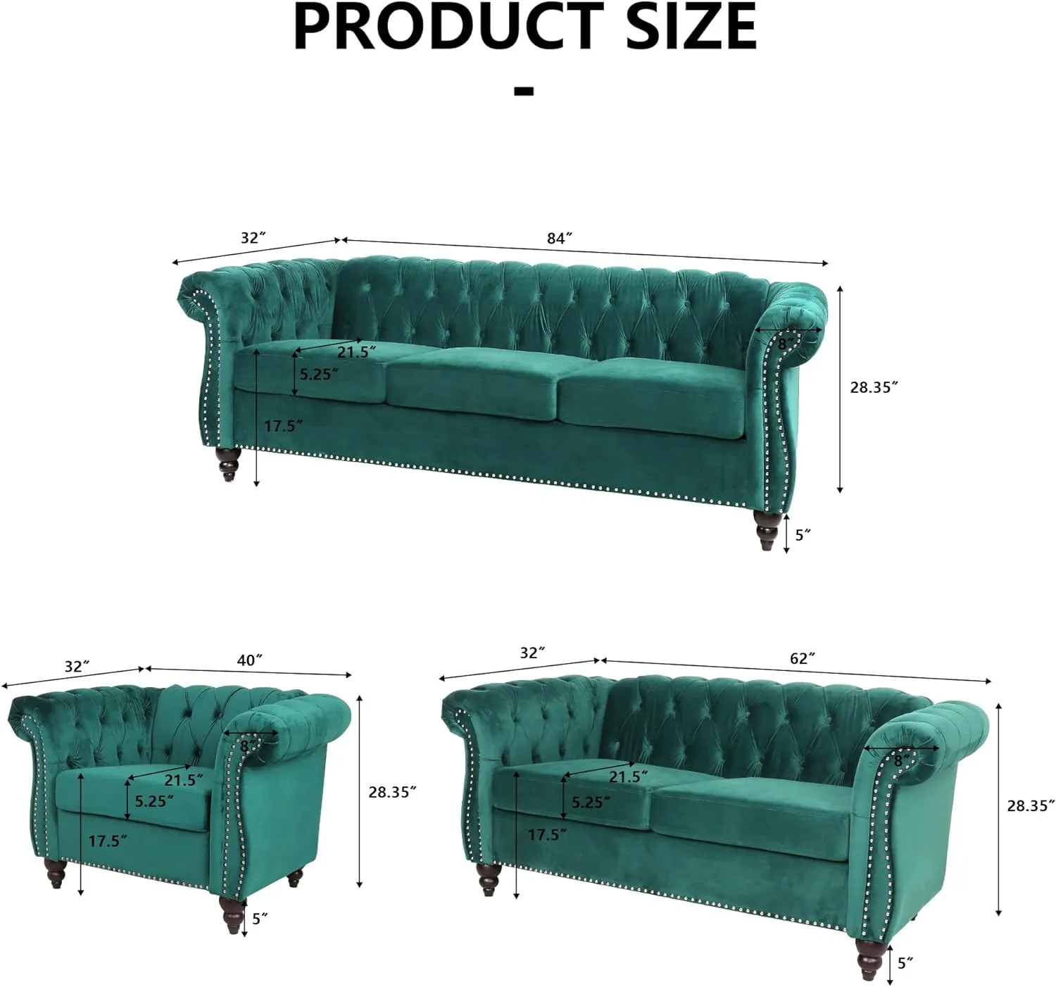 RARZOE 3 Pieces of Living Room Furniture Sofa Sets, Modern Velvet Chesterfield Sofa&Chesterfield Club Chair&Chesterfield Loveseat Sofas Set with Nailhead Trim Scroll Arms for Living Room(Green)