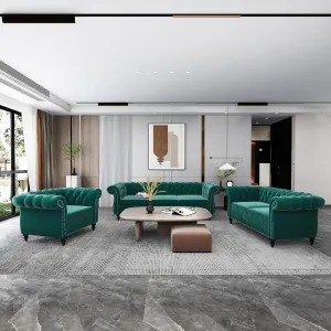 RARZOE 3 Pieces of Living Room Furniture Sofa Sets, Modern Velvet Chesterfield Sofa&Chesterfield Club Chair&Chesterfield Loveseat Sofas Set with Nailhead Trim Scroll Arms for Living Room(Green)