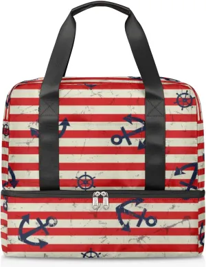 Red And White Stripes Anchor Travel Bag Double Tier Zip Closure Weekender Bag with Leather Handle Waterproof Sports Tote Gym Bag for Swim Beach Gym Yoga