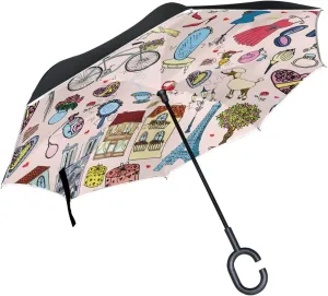 Reverse Inverted Inside Out Umbrella Cars Paris Romantic Unigue Windproof UV Proof Double Layer for Women
