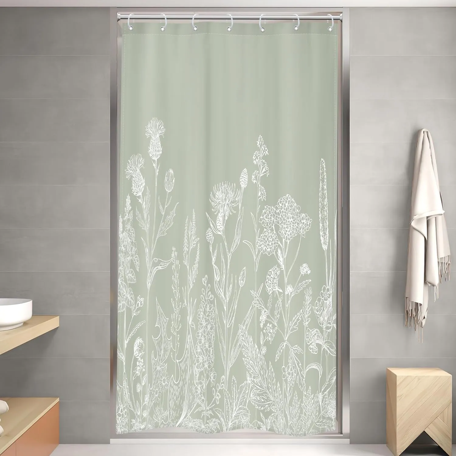 Riyidecor Sage Green Floral Wildflower Shower Curtain for Bathroom Decor 36Wx72H Nature Wildflower Botanical Herbs Country Spring Leaf Art Printed Fabric Polyester Waterproof 7 Pack Plastic Hooks