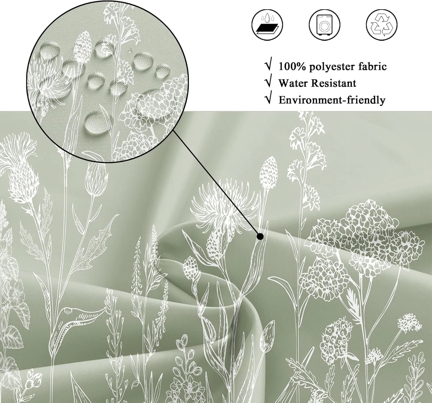 Riyidecor Sage Green Floral Wildflower Shower Curtain for Bathroom Decor 36Wx72H Nature Wildflower Botanical Herbs Country Spring Leaf Art Printed Fabric Polyester Waterproof 7 Pack Plastic Hooks