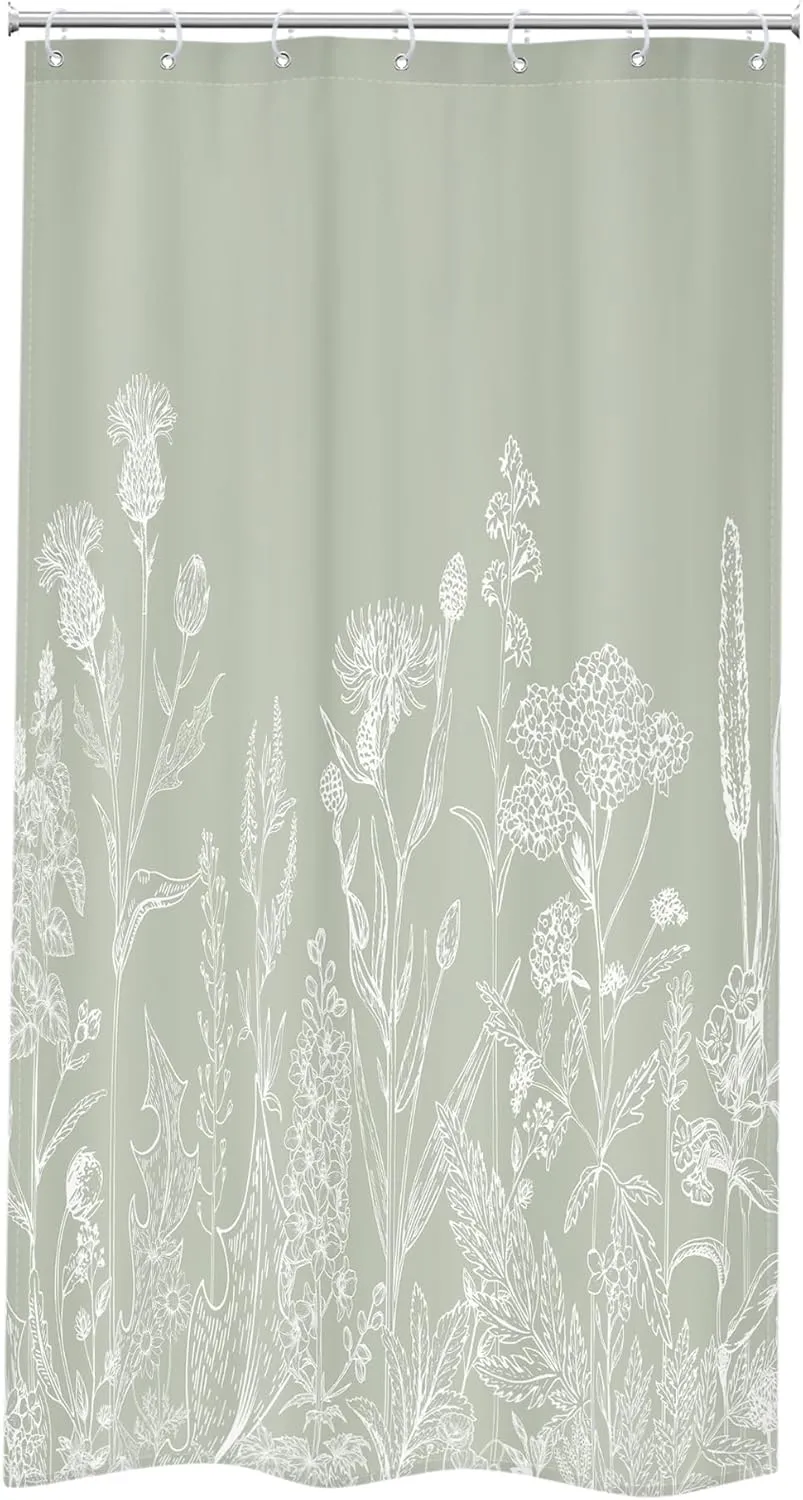 Riyidecor Sage Green Floral Wildflower Shower Curtain for Bathroom Decor 36Wx72H Nature Wildflower Botanical Herbs Country Spring Leaf Art Printed Fabric Polyester Waterproof 7 Pack Plastic Hooks
