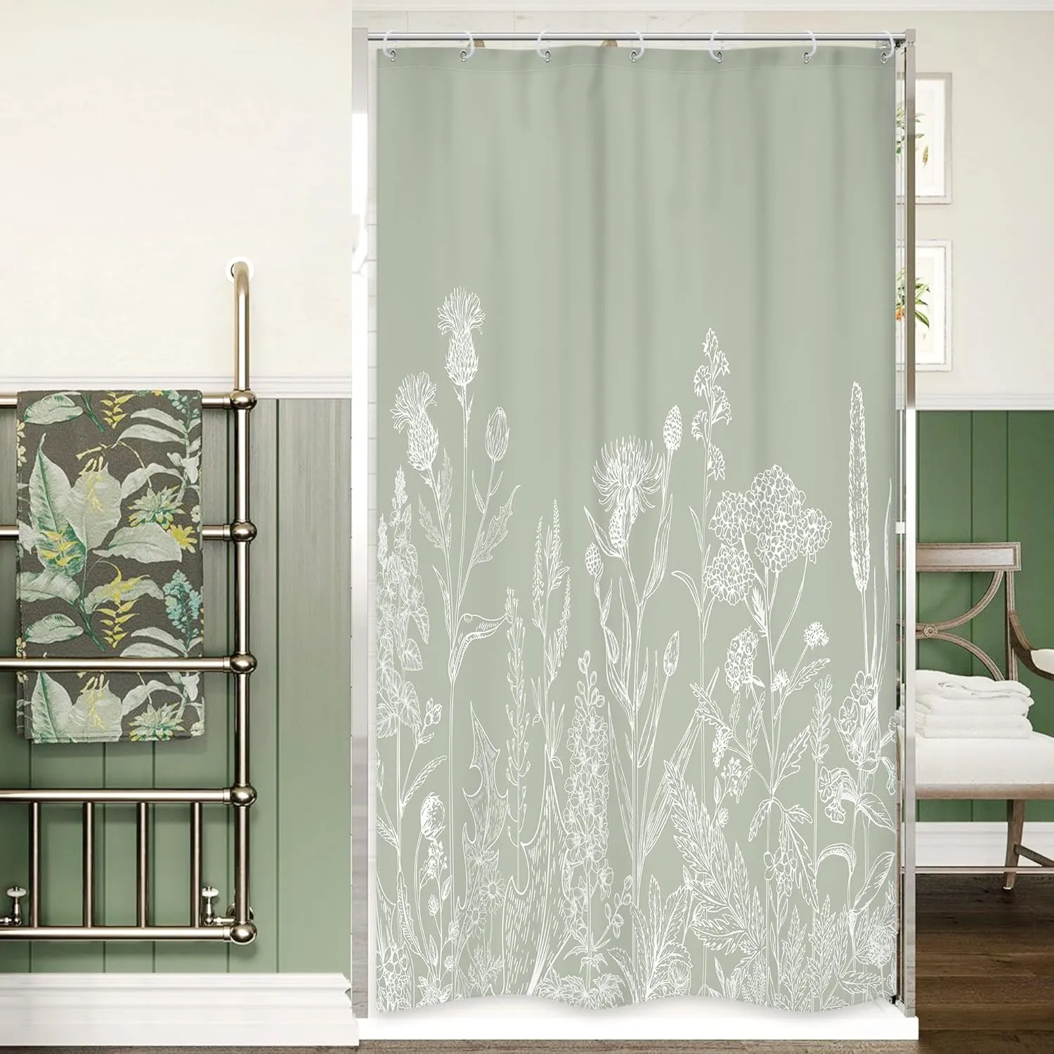 Riyidecor Sage Green Floral Wildflower Shower Curtain for Bathroom Decor 36Wx72H Nature Wildflower Botanical Herbs Country Spring Leaf Art Printed Fabric Polyester Waterproof 7 Pack Plastic Hooks