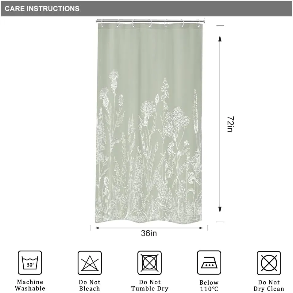 Riyidecor Sage Green Floral Wildflower Shower Curtain for Bathroom Decor 36Wx72H Nature Wildflower Botanical Herbs Country Spring Leaf Art Printed Fabric Polyester Waterproof 7 Pack Plastic Hooks