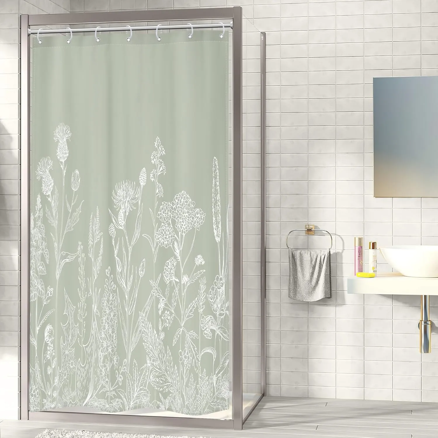 Riyidecor Sage Green Floral Wildflower Shower Curtain for Bathroom Decor 36Wx72H Nature Wildflower Botanical Herbs Country Spring Leaf Art Printed Fabric Polyester Waterproof 7 Pack Plastic Hooks