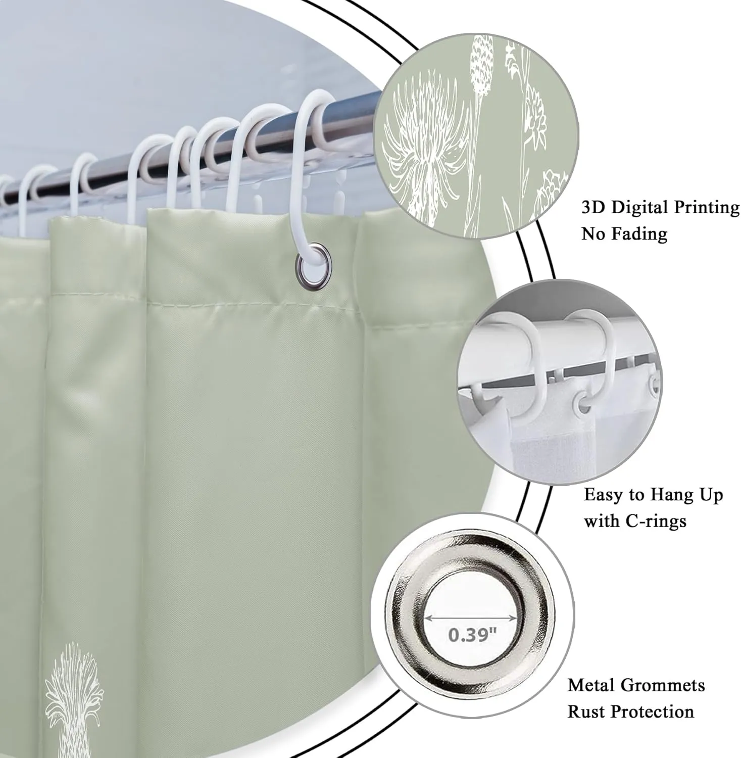 Riyidecor Sage Green Floral Wildflower Shower Curtain for Bathroom Decor 36Wx72H Nature Wildflower Botanical Herbs Country Spring Leaf Art Printed Fabric Polyester Waterproof 7 Pack Plastic Hooks