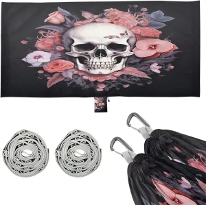 Rose Floral Sugar Skull Camping Hammock, Single Portable Hammocks with Tree Straps & Attached Carry Bag, 330Lbs Capacity Perfect for Outside Indoor Hiking Beach Backpack Travel