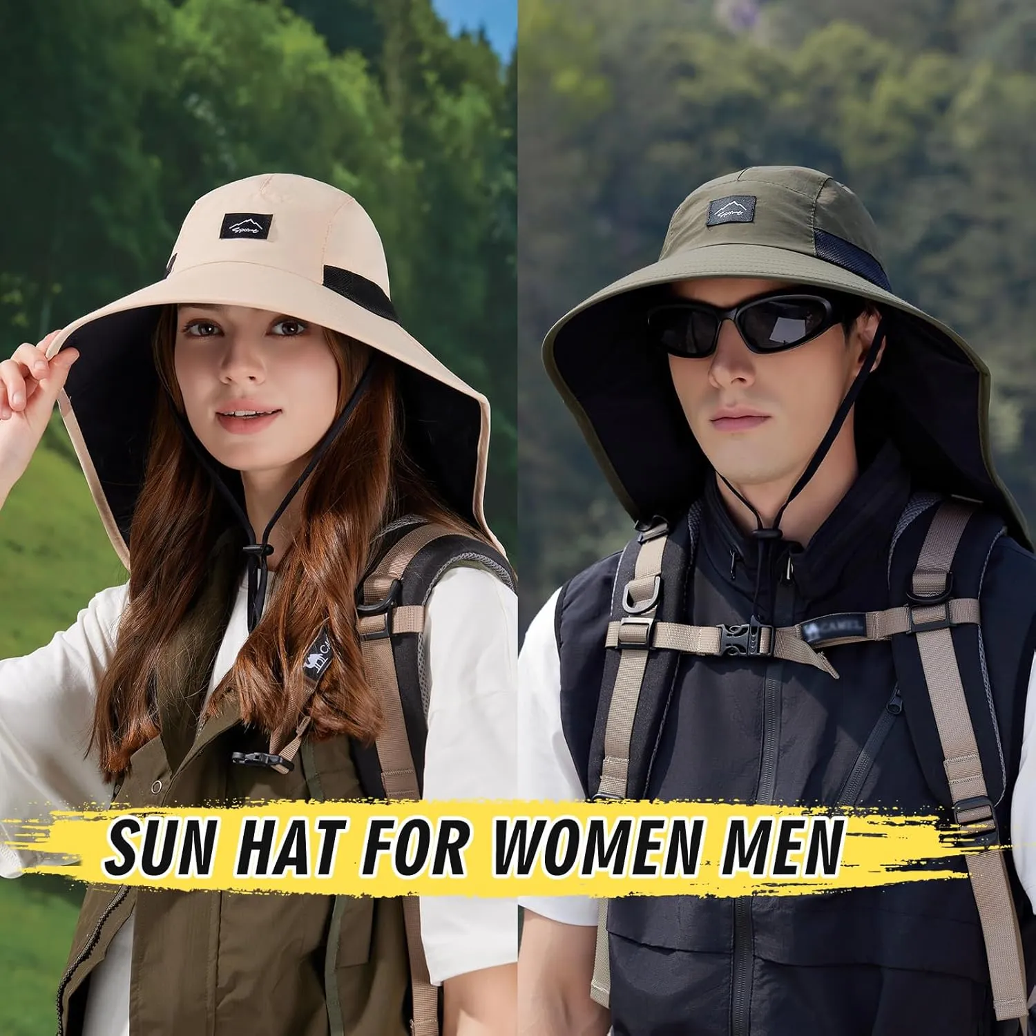 Rosoz Outdoor Sun Hat for Men Women, UPF50  Protection Safari Cap Wide Brim Mesh Fishing Hat with Neck Flap Beach Garden