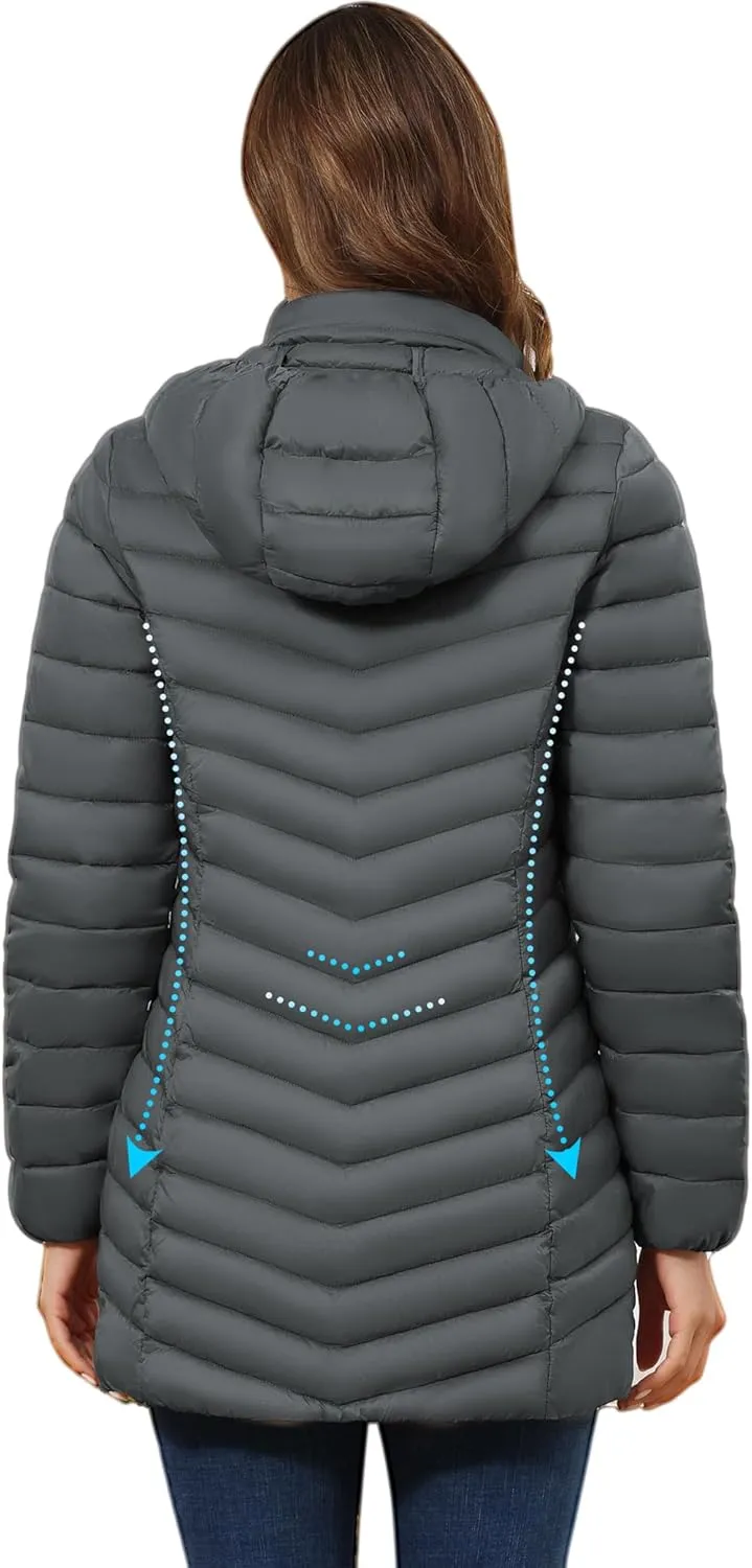 ROYAL MATRIX Women's Packable Puffer Jacket - Lightweight Winter Warm Long Quilted Puffer Coat with Detachable Hood