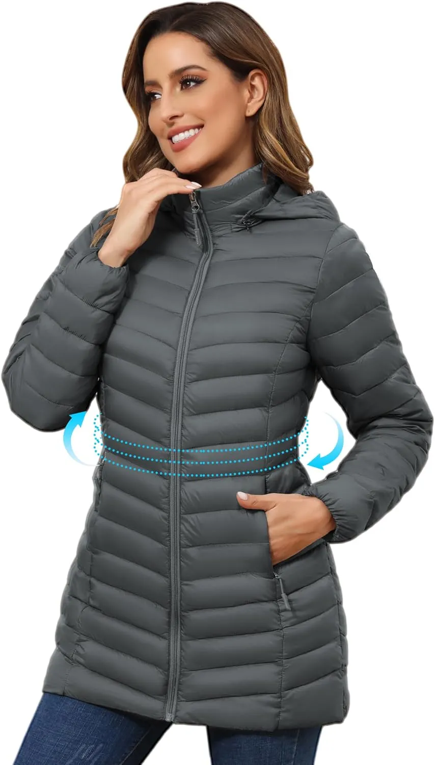 ROYAL MATRIX Women's Packable Puffer Jacket - Lightweight Winter Warm Long Quilted Puffer Coat with Detachable Hood