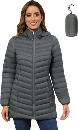 ROYAL MATRIX Women's Packable Puffer Jacket - Lightweight Winter Warm Long Quilted Puffer Coat with Detachable Hood