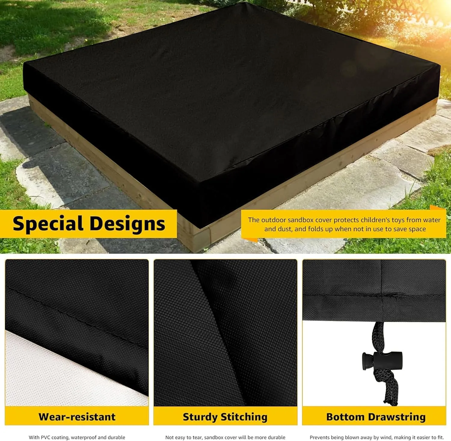 Sandbox Cover, 420D Oxford Heavy Duty Waterproof Sand Box Cover, Outdoor Garden Square Sandbox Cover for Kids Protect Sandbox Sand and Toys(Black,70" X 70" X 8")
