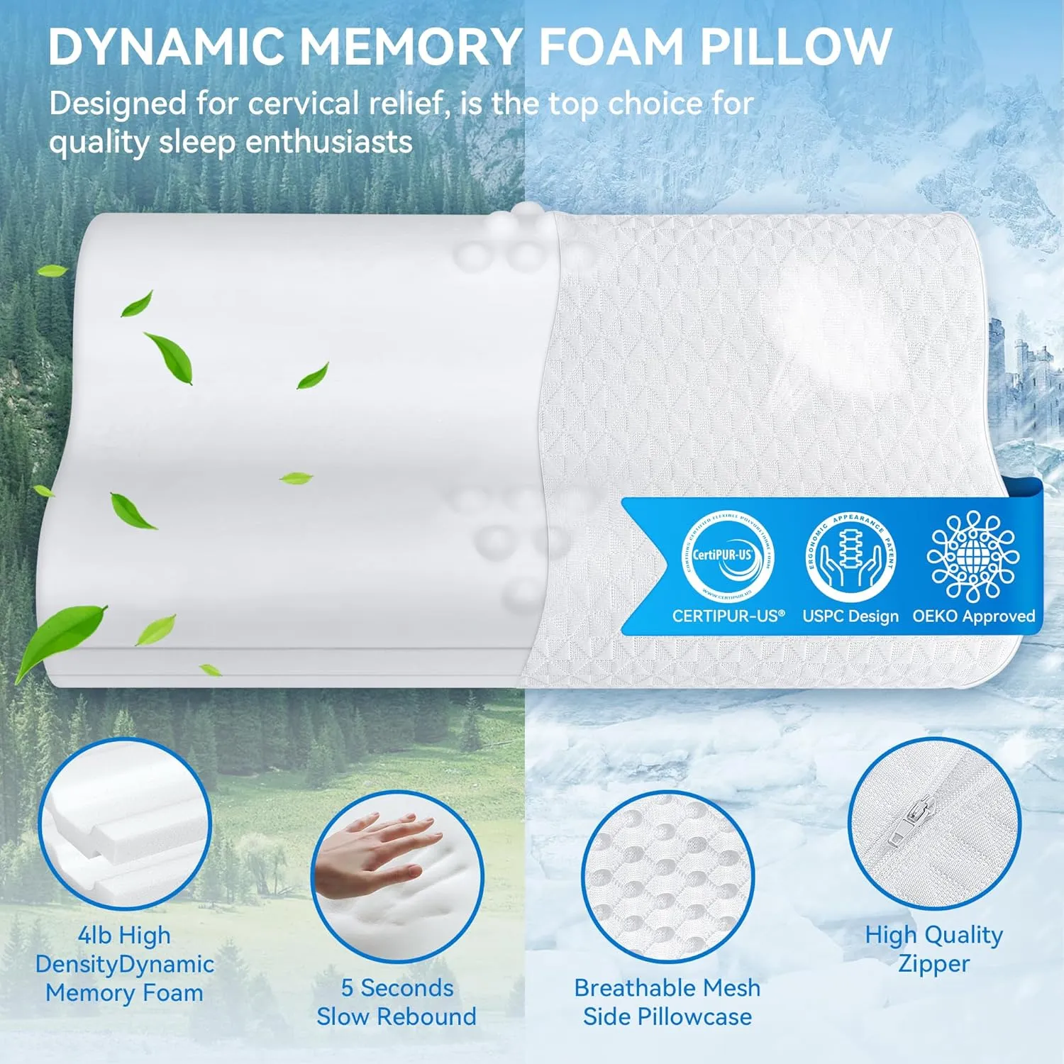 Sandwich Cervical Neck Pillow Queen Size - Dynamic Memory Foam Pillow for Neck Shoulder Pain Relief, Ergonomic Adjustable Contour Bed Pillow for Side, Stomach and Back Sleepers CertiPUR-US