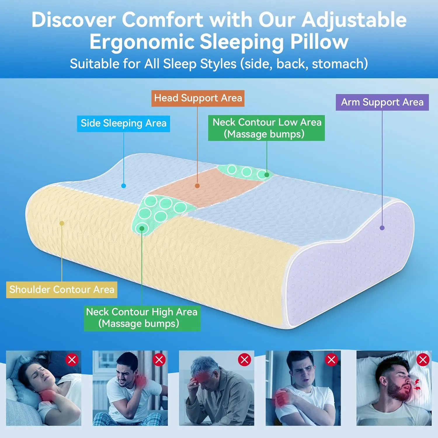 Sandwich Cervical Neck Pillow Queen Size - Dynamic Memory Foam Pillow for Neck Shoulder Pain Relief, Ergonomic Adjustable Contour Bed Pillow for Side, Stomach and Back Sleepers CertiPUR-US