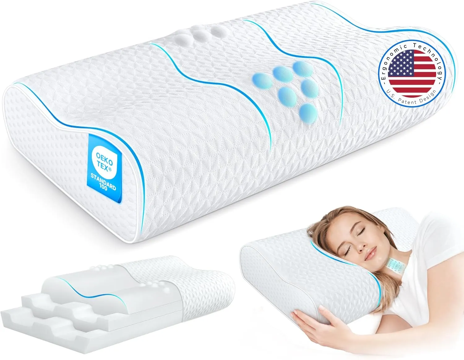 Sandwich Cervical Neck Pillow Queen Size - Dynamic Memory Foam Pillow for Neck Shoulder Pain Relief, Ergonomic Adjustable Contour Bed Pillow for Side, Stomach and Back Sleepers CertiPUR-US