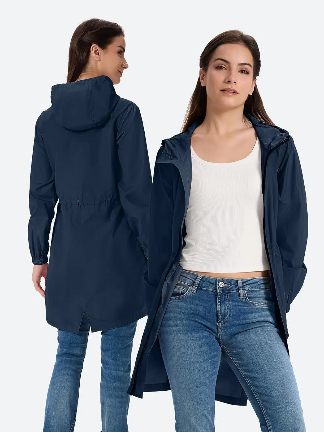 SaphiRose Women's Long Packable Raincoat Waterproof Rain Jacket Lightweight Outdoor Windbreaker with Hood