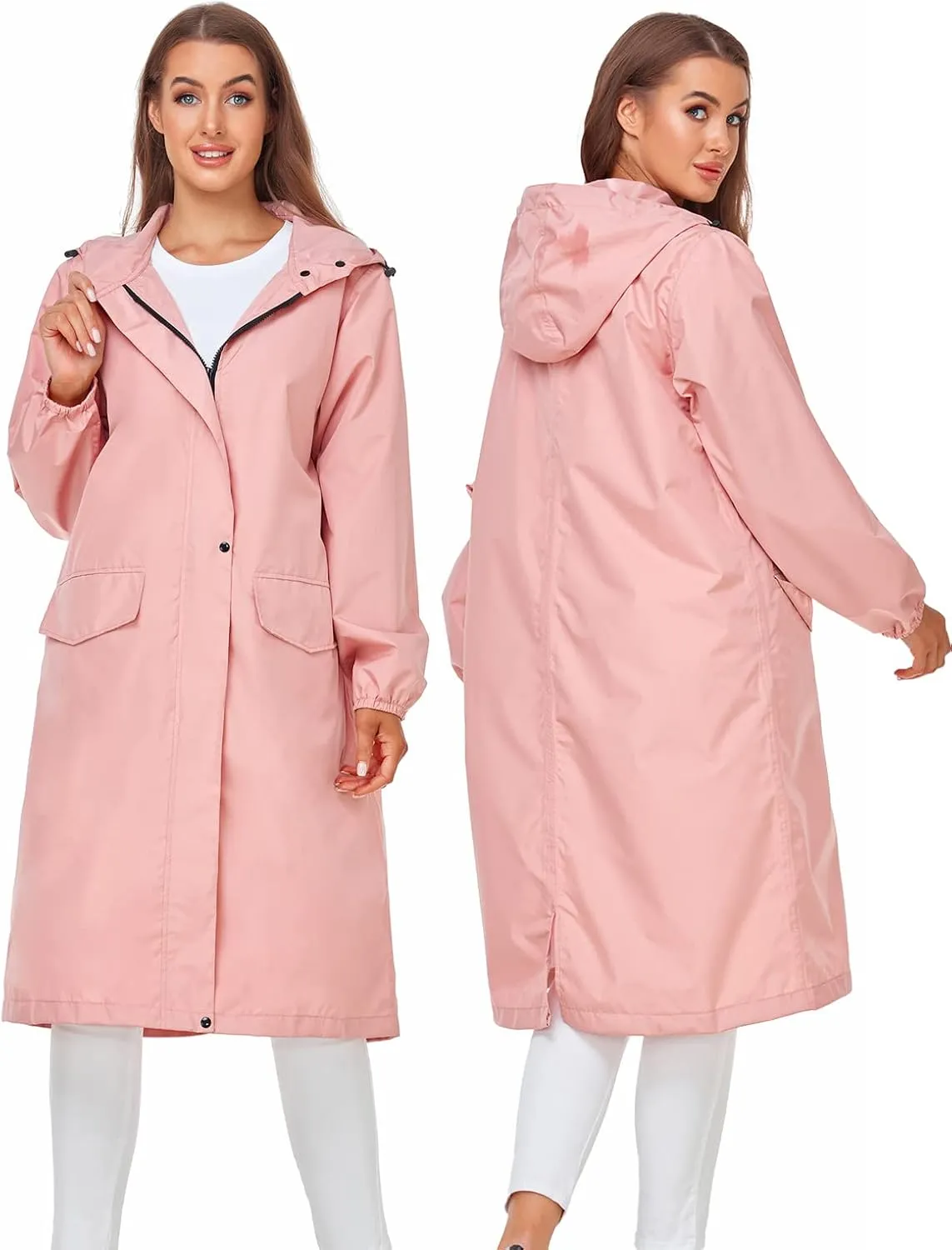 SaphiRose Women's Long Rain Jacket Waterproof Lightweight Hooded Raincoat Packable Knee Length Rain coat