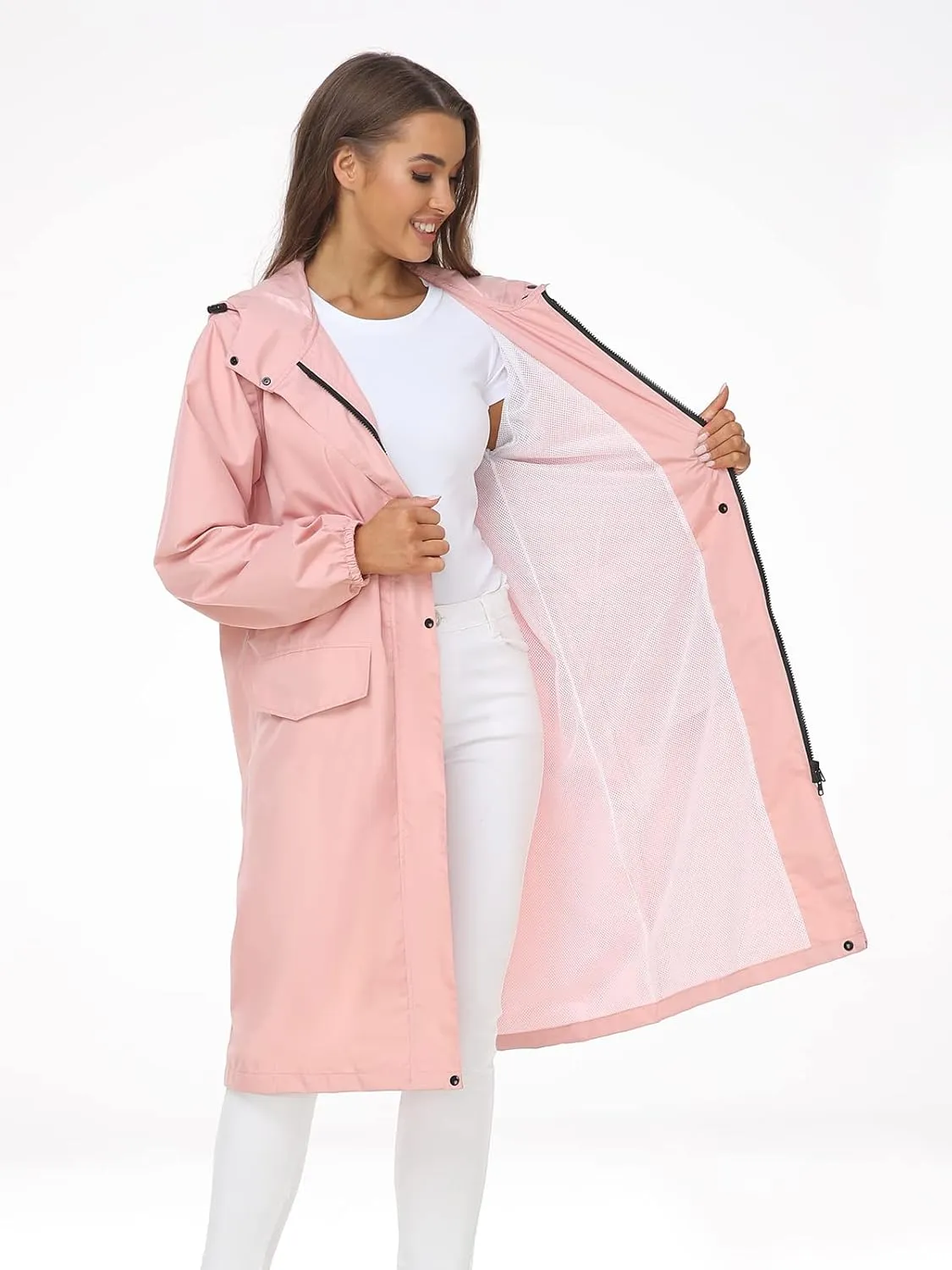 SaphiRose Women's Long Rain Jacket Waterproof Lightweight Hooded Raincoat Packable Knee Length Rain coat