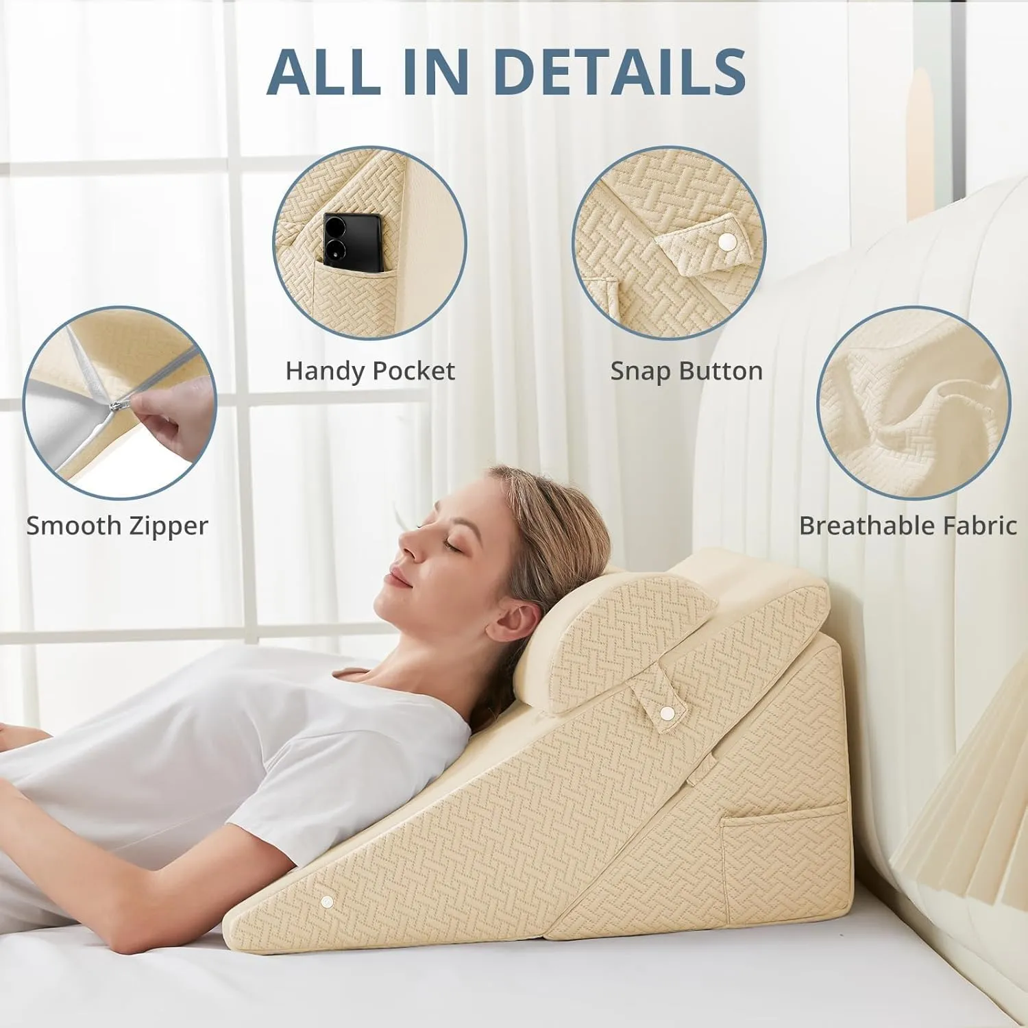 Sasttie Wedge Pillow for Headboard, Adjustable Bed Wedge Pillow Set with Orthopedic Memory Foam Neck Cushion – for Acid Reflux, Neck & Back Support, and Post-Surgery Recovery, Beige
