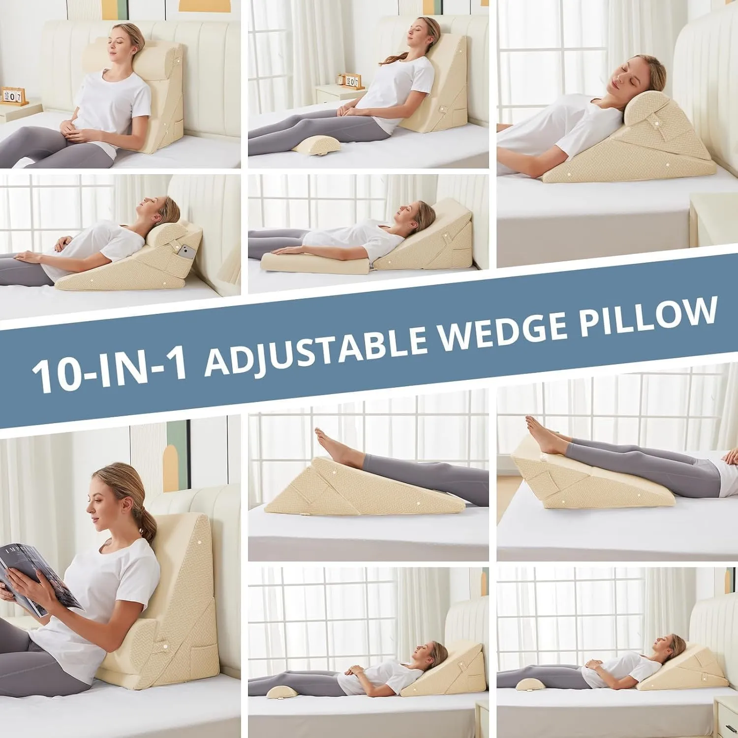 Sasttie Wedge Pillow for Headboard, Adjustable Bed Wedge Pillow Set with Orthopedic Memory Foam Neck Cushion – for Acid Reflux, Neck & Back Support, and Post-Surgery Recovery, Beige